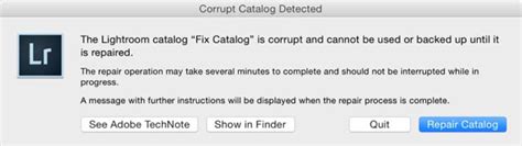 Capture d'écran du message d'erreur de catalogue corrompu dans Lightroom.