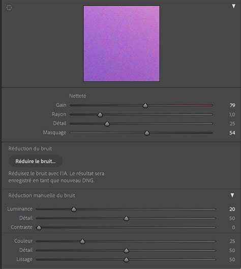 Capture d'écran du panneau TSL dans Lightroom, montrant les curseurs pour la Teinte, la Saturation et la Luminance de différentes couleurs.