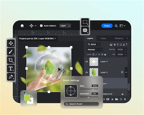 Illustration conceptuelle d'une interface Photoshop avec des icônes de filtres variés