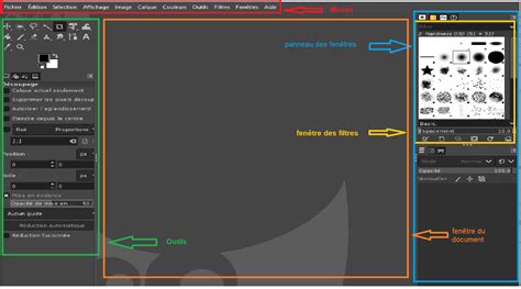 Interface de GIMP avec la fenêtre d'outils et les menus affichés.