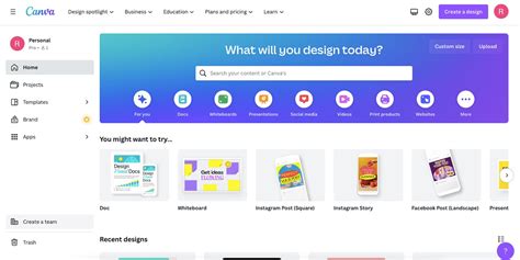 Capture d'écran de la page d'accueil de Canva, montrant la barre de recherche et les différentes catégories de design.