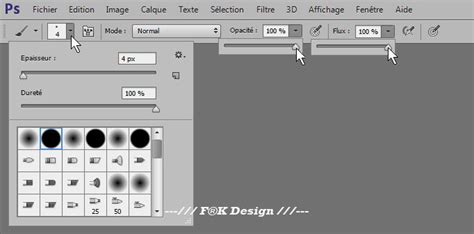 Interface de Photoshop montrant l'outil Pinceau et ses options de réglage.