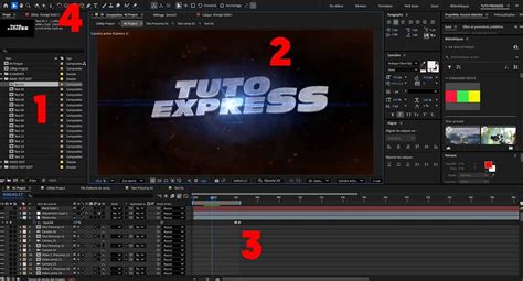 Schéma de l'interface d'After Effects avec les panneaux principaux (Projet, Composition, Timeline, Outils, Effets)