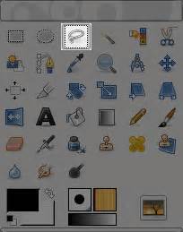 Boîte à outils de GIMP affichant l'outil de sélection à main levée (lasso)