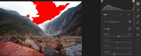 Image montrant les zones écrêtées dans Lightroom