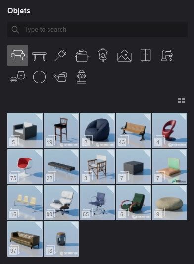 Tableau récapitulatif des types d'objets disponibles dans la bibliothèque Lumion