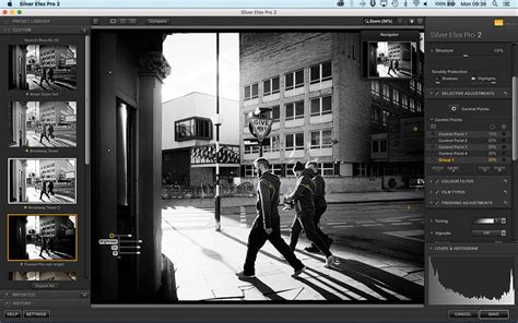 Interface de Silver Efex Pro 2 montrant les différentes options de traitement noir et blanc.