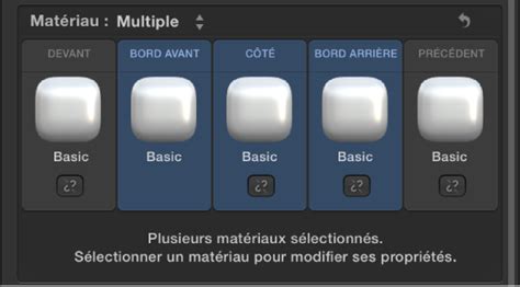 Panneau 3D affichant les options de matériau et de biseau.
