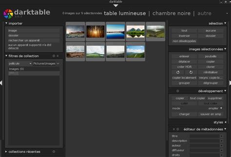 Interface de Darktable mettant en évidence les modules d'édition et la gestion des images