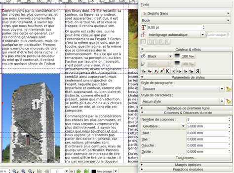 Exemple de mise en page dans Scribus montrant l'utilisation de repères, de blocs de texte et d'images, ainsi que la gestion des fonds perdus.