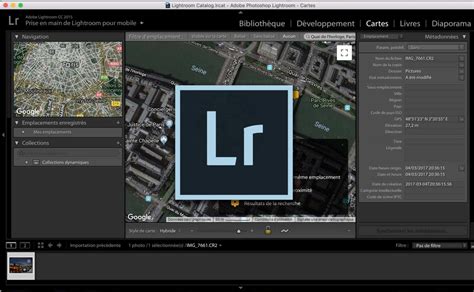 Interface du module Cartes de Lightroom montrant une photo glissée sur une carte et ses coordonnées GPS