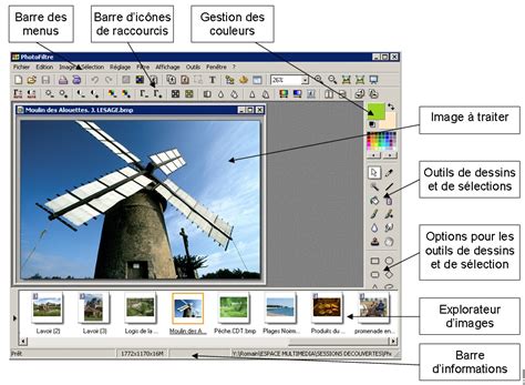Interface de PhotoFiltre montrant l'emplacement des menus et outils pour les sélections et masques.