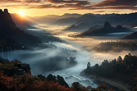Paysage avec un soleil couchant, brume légère au loin
