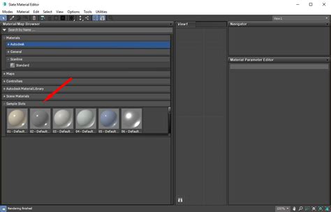 Capture d'écran de l'éditeur de matériaux Ardoise (Slate) de 3ds Max, montrant les panneaux Navigateur, Vue Active et Éditeur de Paramètres