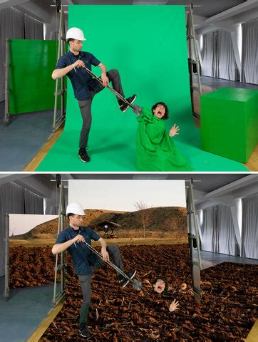 Un exemple de scène filmée devant un fond vert avant et après l'incrustation d'un nouvel arrière-plan