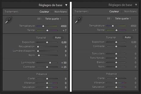 Panneau Réglages de base dans Lightroom, mettant en évidence les curseurs Température et Teinte
