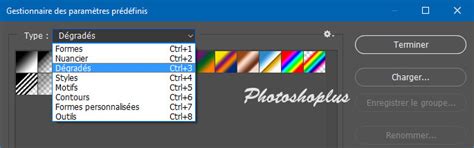 Schéma montrant l'interface du Gestionnaire des paramètres prédéfinis dans Photoshop, avec la sélection des motifs et l'ajout de la nature.