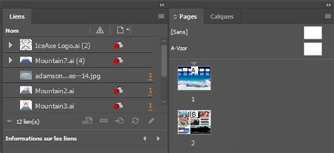 Schéma du panneau Liens dans InDesign avec les différentes icônes et colonnes