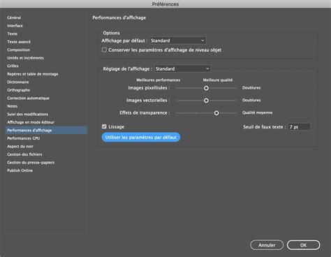 Capture d'écran des options de performance d'affichage dans InDesign, montrant les réglages Rapide, Standard et Qualité supérieure.