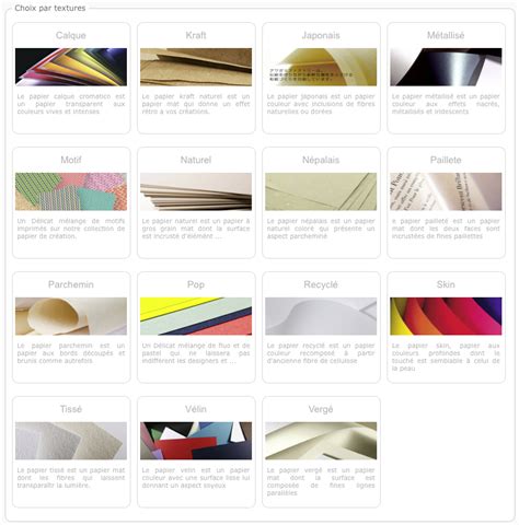 Exemples de différentes finitions de papier pour l'impression
