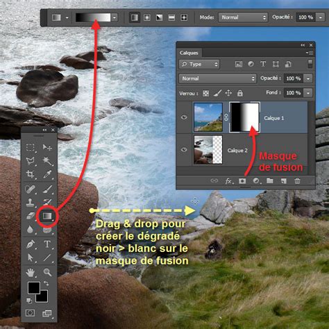 Exemple visuel de l'application d'un masque de calque avec un dégradé pour fusionner deux images