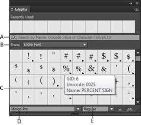 Interface du panneau Glyphes dans Adobe InDesign