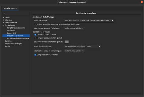 Paramètres de gestion des couleurs dans Inkscape, montrant la sélection de profils d'affichage et de simulation CMJN.