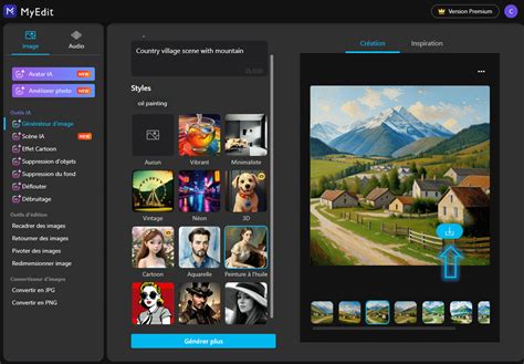 Interface utilisateur d'une plateforme en ligne de génération d'images IA, montrant un champ de texte pour le prompt et des options de style.
