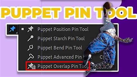 Capture d'écran montrant l'outil Puppet Pin Tool avec des épingles placées sur un personnage.