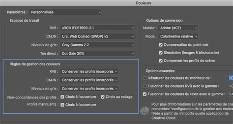 Capture d'écran des préférences de couleur dans Photoshop.