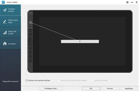 Capture d'écran de l'interface de configuration des boutons de la tablette Huion sous Linux.