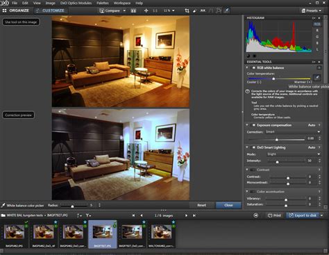 Comparaison avant/après dans DxO Optics Pro, montrant l'effet des corrections sur une image.