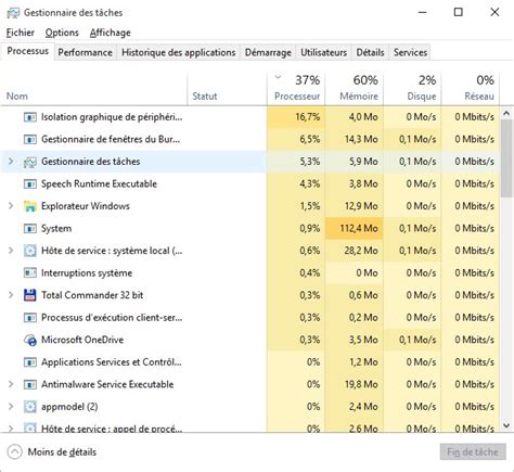 Capture d'écran du Gestionnaire des tâches sous Windows 10, mettant en évidence les processus de démarrage.