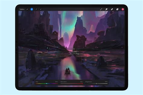 Interface de Procreate sur un iPad, montrant un dessin détaillé avec des pinceaux personnalisés.
