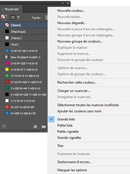 Panneau Nuancier dans InDesign montrant des groupes de couleurs organisés