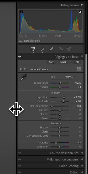 Interface de l'outil TSL/Couleur dans Lightroom, montrant les curseurs Teinte, Saturation et Luminance