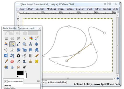 Interface de l'outil chemin dans GIMP avec les options de tracé de segments droits et courbes
