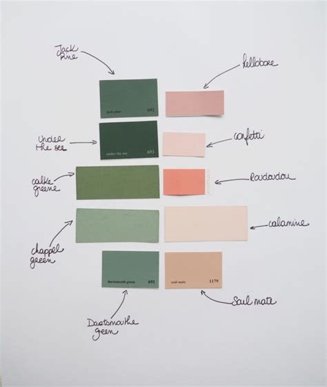 Palette de couleurs inspirée par le rose poudre avec des tons de vert et de gris.