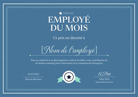 Illustration d'un certificat d'employé du mois avec un design moderne et professionnel.