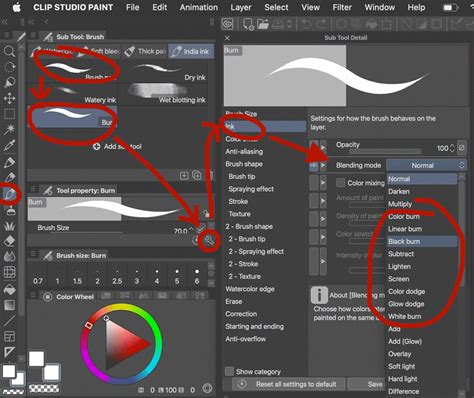 Capture d'écran des différentes catégories d'outils dans Clip Studio Paint