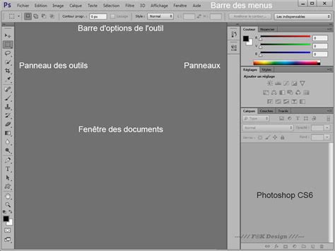 Schéma interactif de l'espace de travail de Photoshop CS6, mettant en évidence la barre de menus, le panneau des outils, le panneau des calques et la zone de travail principale