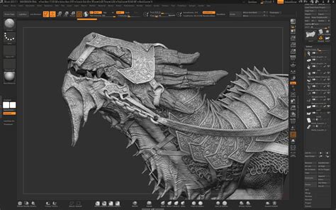 Illustration représentant l'interface de ZBrush avec divers outils de sculpture.