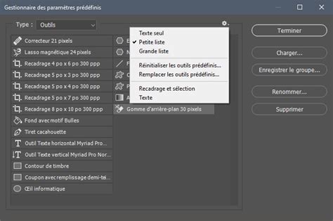 Interface du Gestionnaire des paramètres prédéfinis dans Photoshop, montrant les options pour gérer les presets et les outils.
