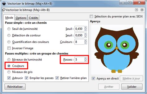 Schéma illustrant les options de l'outil de vectorisation dans Inkscape : Couleurs, nombre de passes, Adoucir, Retirer l'arrière-plan, Empiler les passes.