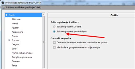 Capture d'écran des préférences d'Inkscape montrant l'option 