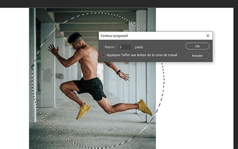 Schéma expliquant le principe du contour progressif dans Photoshop, montrant une sélection nette et une sélection avec un contour progressif diffus.