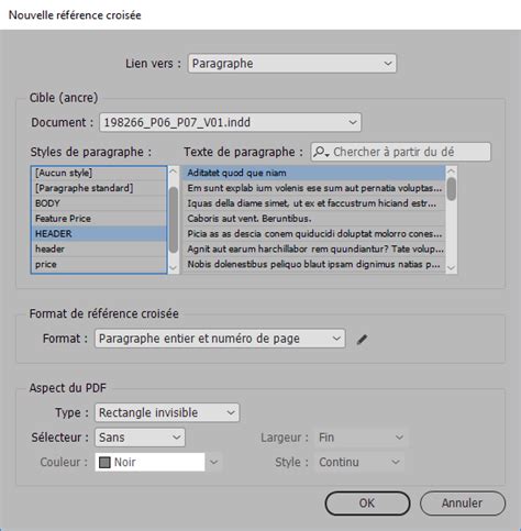 Exemple de référence croisée dans InDesign, montrant la source et la cible