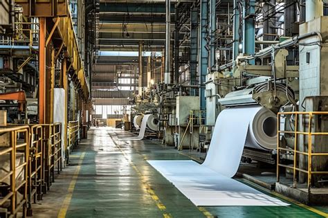 Photo d'un atelier de fabrication de papier peint avec des machines modernes et des rouleaux de papier.