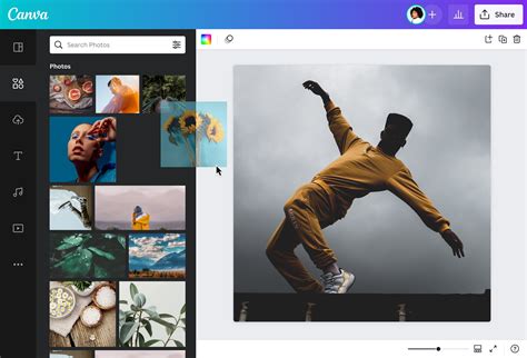 Interface de Canva montrant une photo avec une règle insérée pour l'alignement et le curseur de rotation.