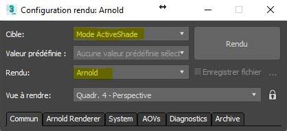 Interface de configuration du moteur de rendu Arnold dans 3ds Max, mettant en évidence les paramètres Anti-Aliasing et Denoiser